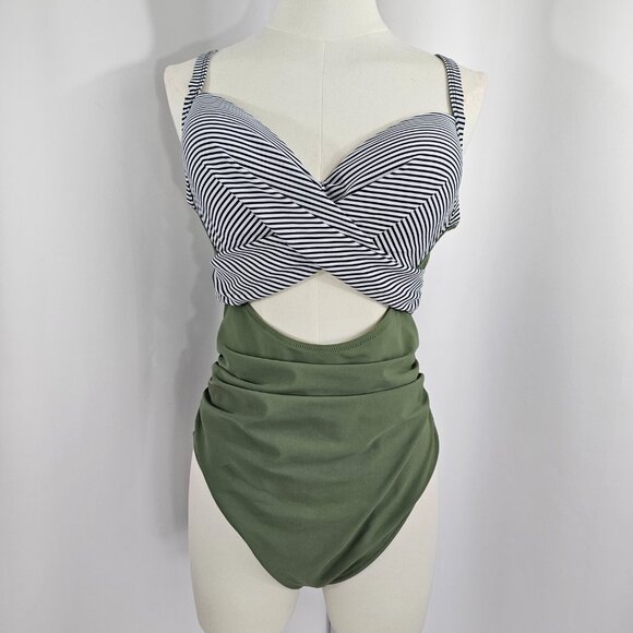 Women's High Waisted Cut Out Green Stripe Contrast One Piece Swimsuit Size L - Picture 2 of 11